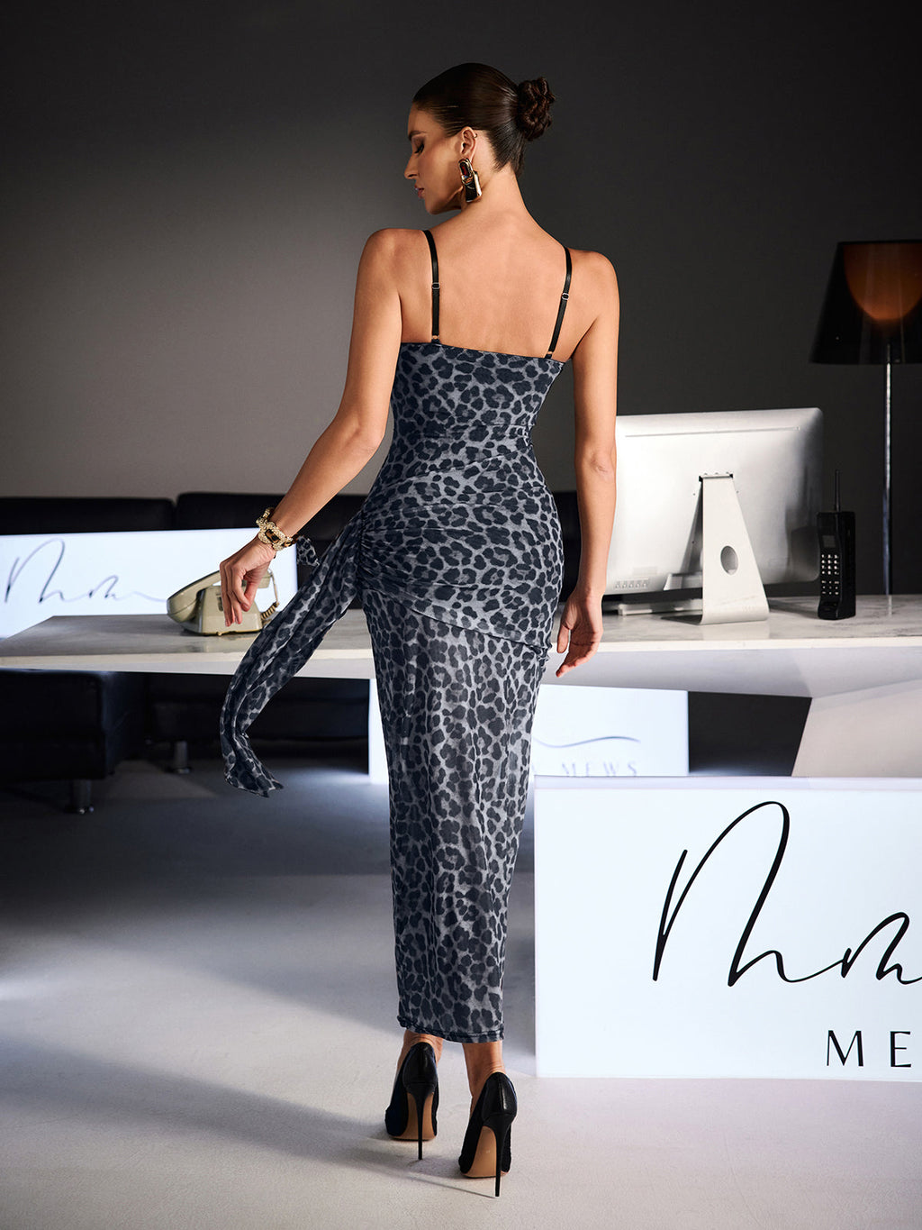 Xanriel Spaghetti Leopard Lace Maxi Dress In Grey