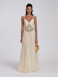 Xavelion Spaghetti Pleated Dot Maxi Dress In Beige