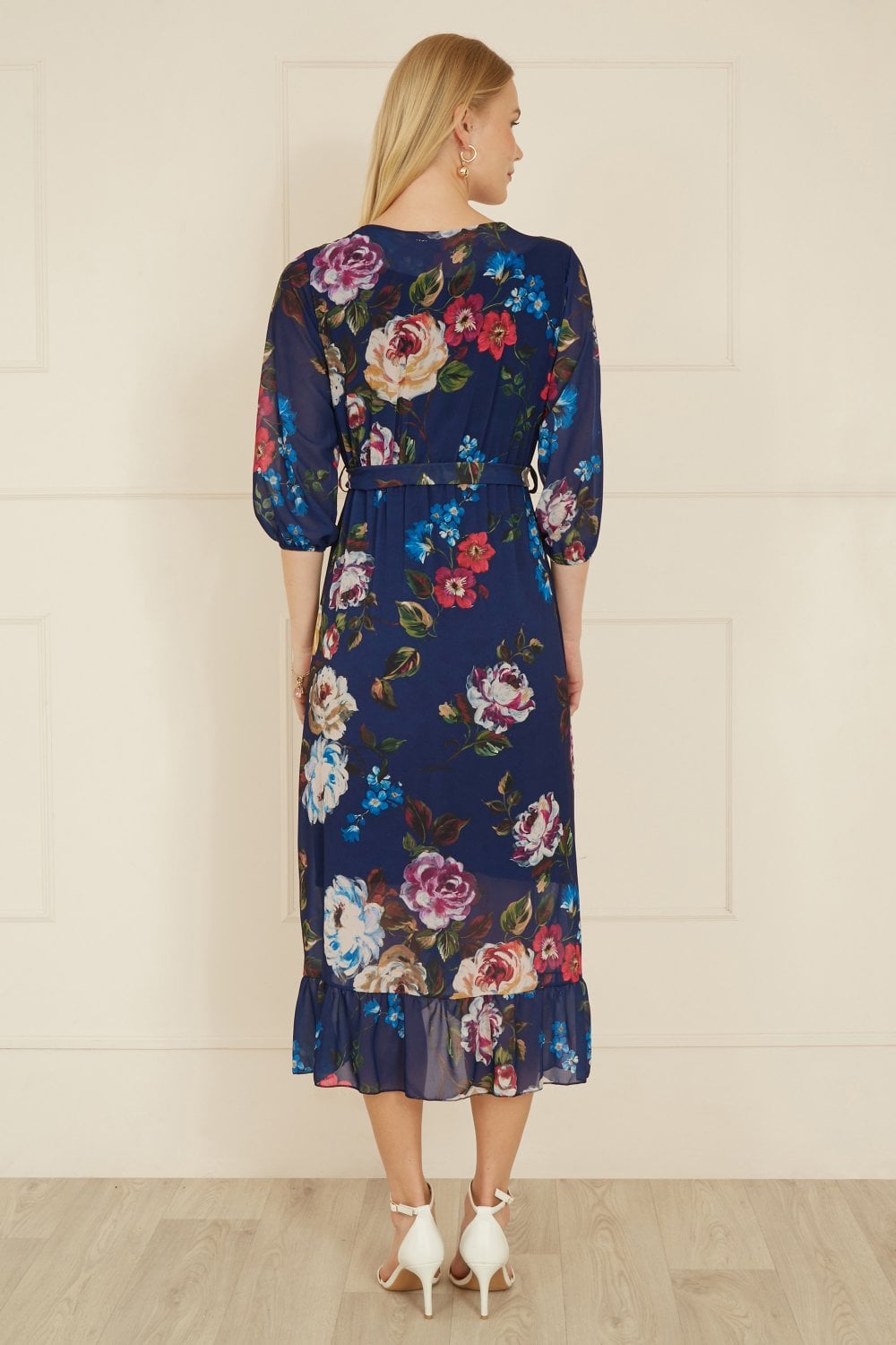 Yumi Navy Watercolour Dip Hem Midi Wrap Dress