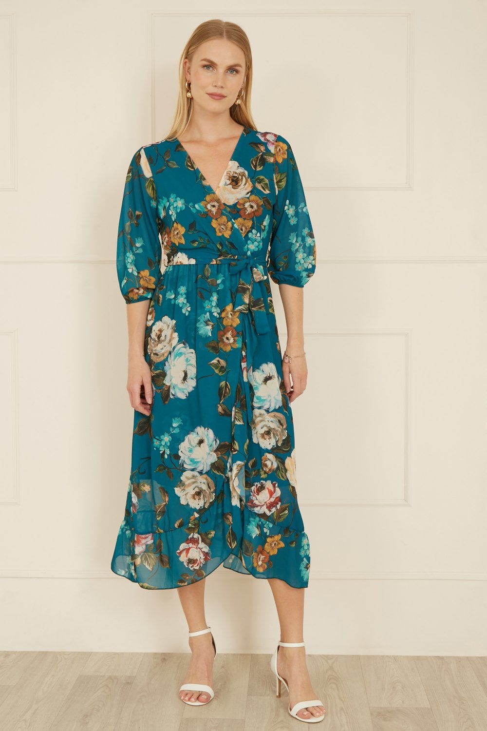 Yumi Teal Watercolour Dip Hem Midi Wrap Dress