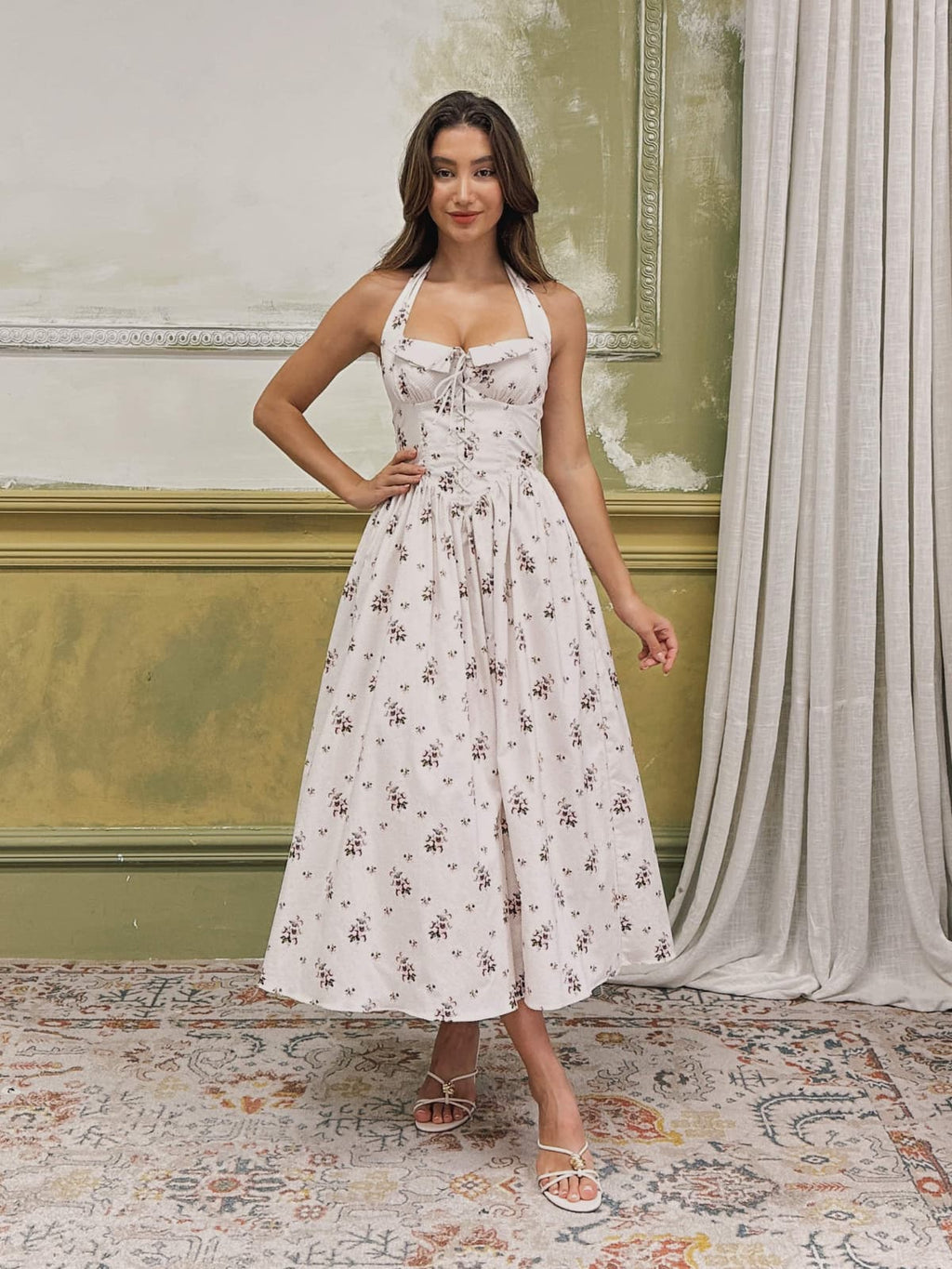 Zavethric Halterneck Lace Up Floral Midi Dress