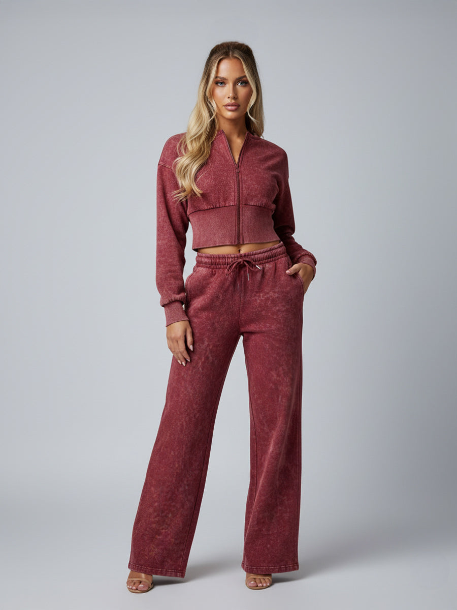 Acid Wash Cropped Zip Up Sweatshirt & Wide Leg Trouser Tracksuit