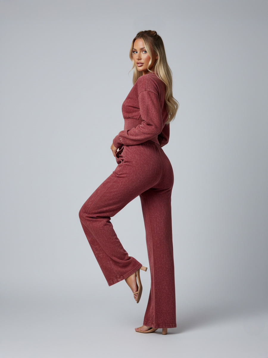 Acid Wash Cropped Zip Up Sweatshirt & Wide Leg Trouser Tracksuit