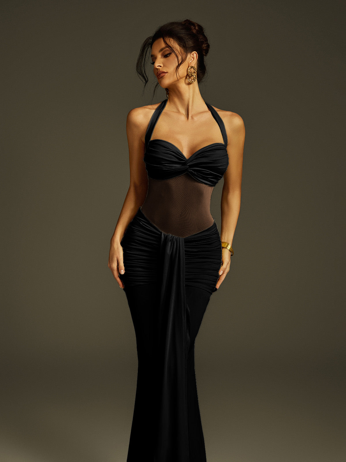 Zylon Halterneck Draped Maxi Dress In Black