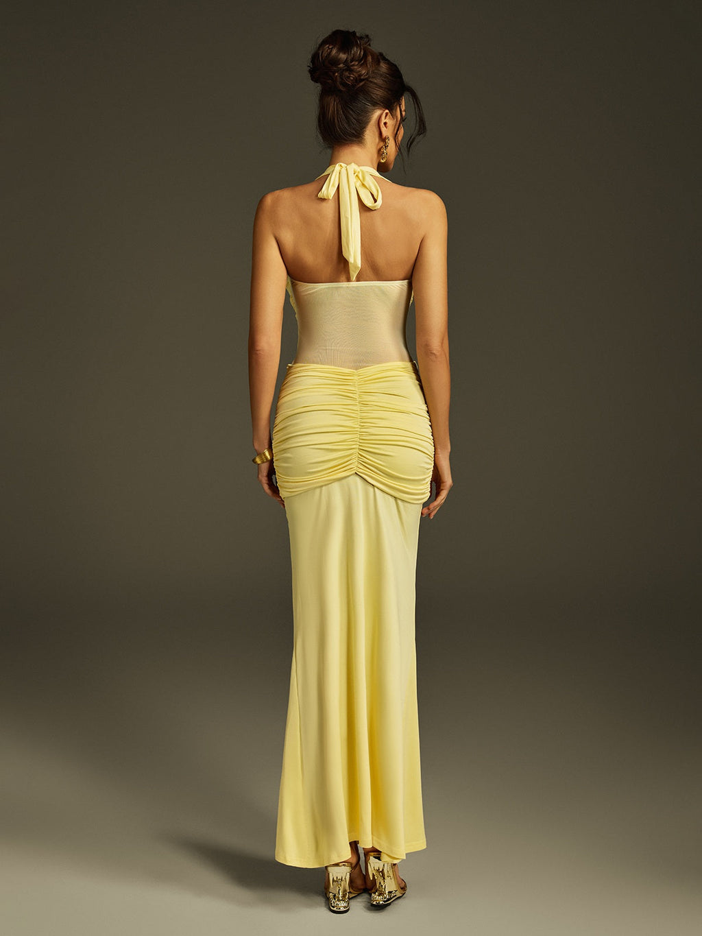 Zylon Halterneck Draped Maxi Dress In Butter Yellow